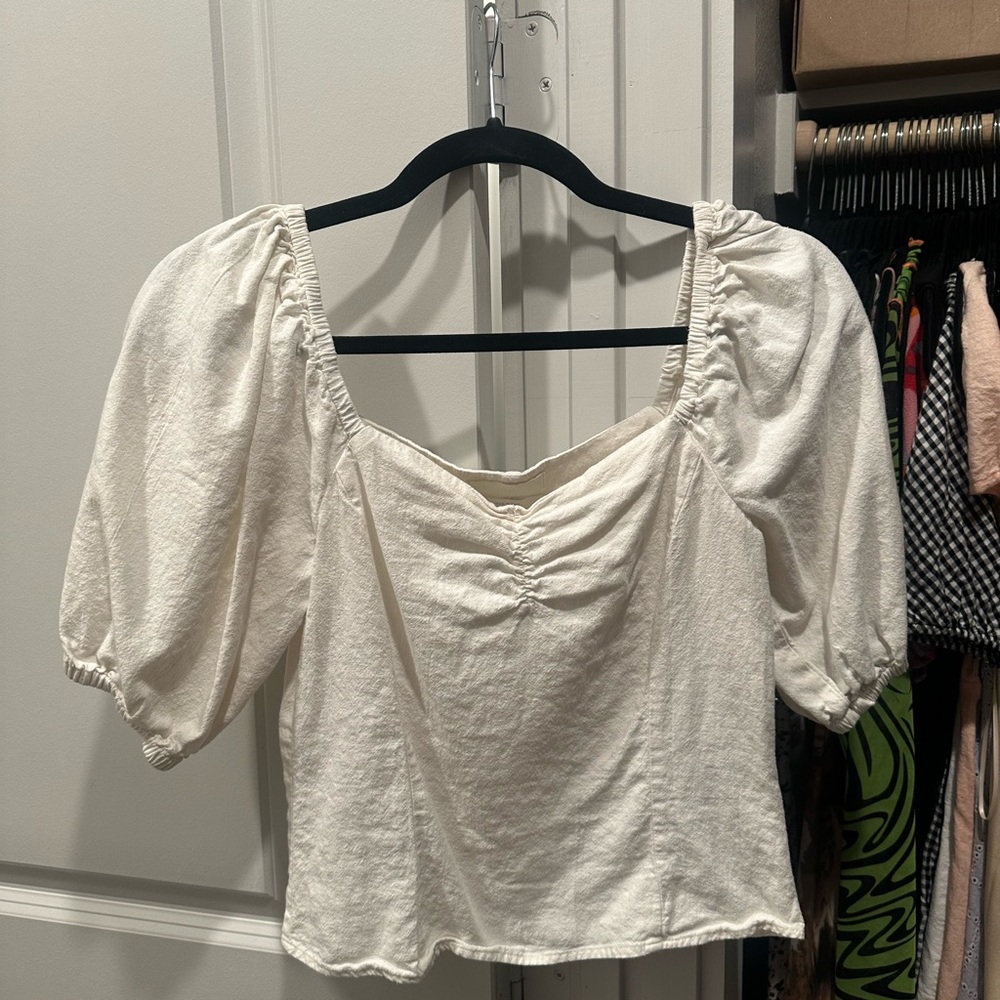 H&M White Puff Sleeve Ruched Blouse